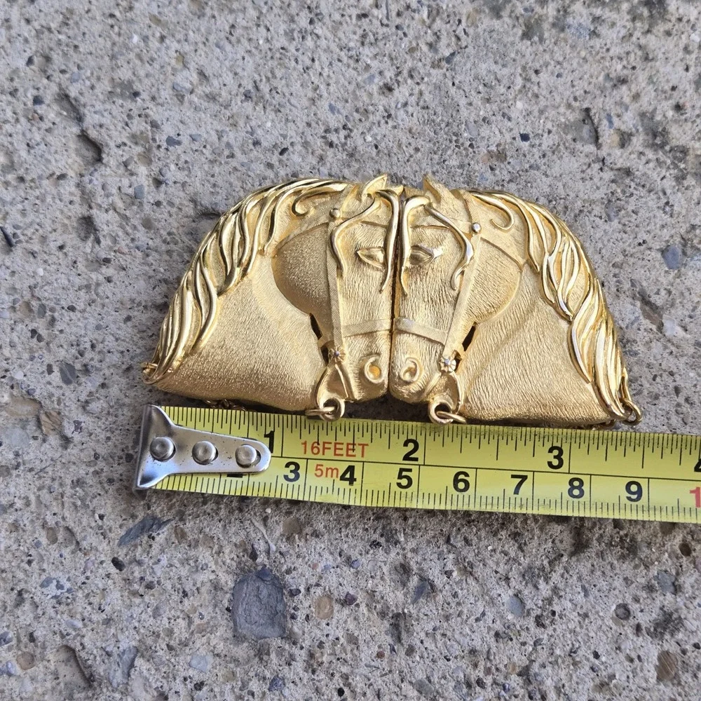 Double Horse Belt Buckle Gold Tone Interlocking Two Pieces. Unsigned.  No Belt